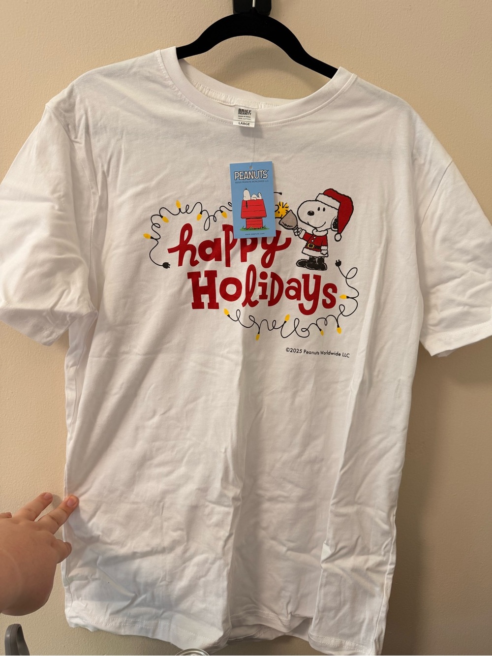 Peanuts White Tee with Red 'Happy Holidays' & Yellow Lights